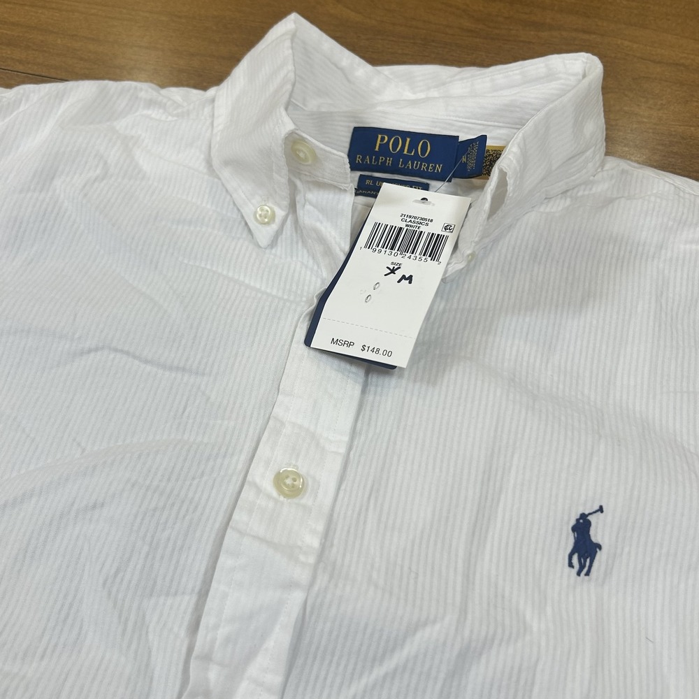 Polo Ralph Lauren Shirt Mens M White Stripe Short Sleeve Button Seersucker NWT